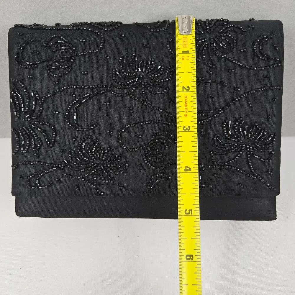 Black Beaded & Satin Square Snap Closure Clutch Purse with Corded Shoulder Strap